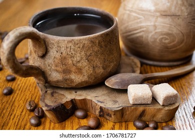 Coffee, Sweets And Nuts On A Wooden Background. Whole Grain Flour Cookies With Sunflower, Flax And Sesame Seeds. Brazil Nut And Pecan. Background Of Light Golden Alder, Varnished. Concisely.