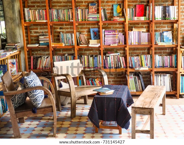 Coffee Table Library Cafe Bookshelf Background Stock Photo Edit