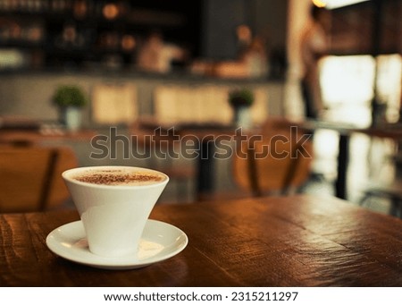 Coffee table, mug or empty store, restaurant or diner cafe for beverage service, drink sales or hospitality industry. Tea cup, commerce market shop or startup small business with hot chocolate latte