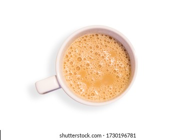 Coffee or tea with milk in white cup isolated over white background.View from top.Malaysian favourite drink called "Teh Tarik".
