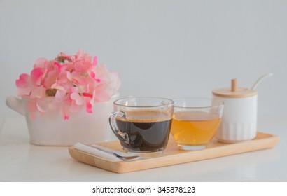 Coffee And Tea On The Wood Plate