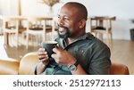 Coffee, thinking and black man in home with memory, ideas or reflection of past with happiness. Cappuccino, smile and African male person drinking caffeine latte on sofa for relaxing at house.