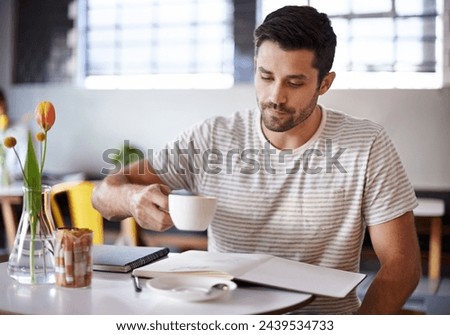 Coffee, thinking and man with notebook for remote work in restaurant, cafeteria and diner. Freelance, career and person with book for planning, ideas or project with beverage, caffeine and cappuccino