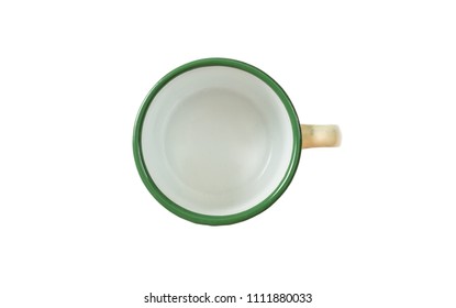 Coffee Time Concept. Empty Coffee Mug, Enamel, Green Detail, With Top View, Cut Out, Isolated On A White Background