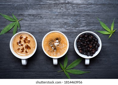 Coffee time. Cup of coffee with cannabis, roasted beans top view with copy space