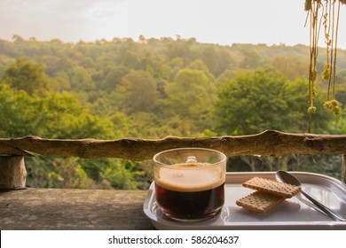 Coffee Time In The Morning,slow Life On Wood Terrace,mountain View