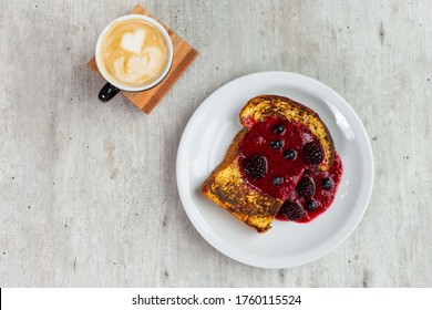 Coffee And Toast With Red Berry Jam. Sourdough Bread