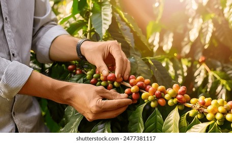 Coffee trees on plantation. The best selected coffee beans are still fresh and ready to be harvested. - Powered by Shutterstock