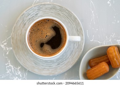 Coffee, Turkish Coffee With Traditional Dessert With Syrup Sherbet, One Of The Traditional Dessert Known As 