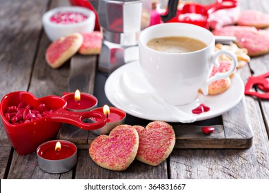 Coffee For Valentines Day With Cookies, Candles And Decorations