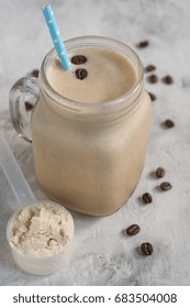 Coffee Vanilla Protein Shake Smoothie In Mason Jar