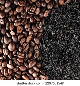 Coffee Vs. Tea Top View. Choice Of Drink Concept. Tea Or Coffee? Coffee Beans And Natural Black Tea