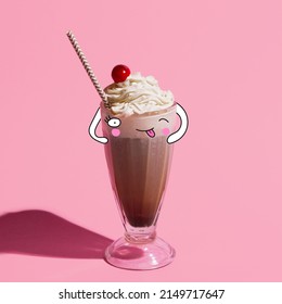 Coffee and whipped cream. Glass with irish coffee cocktail isolated on light pink background.Cartoon, pop art, retro, vintage style. Concept of drinks, taste, party. Design for ad poster