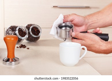 Coffeemaker Wipes Holder Before Making Espresso Above The Table.