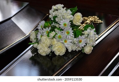 Coffin With Flowers, Funeral Of A Relative, Funeral Home