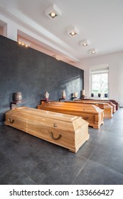 Coffins And Urns In A Funeral House