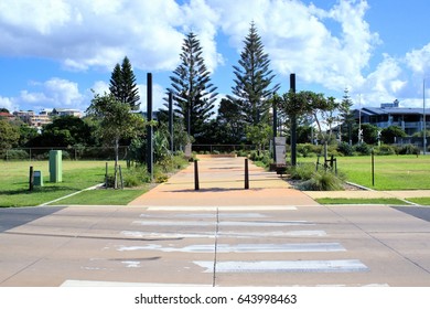 Coffs Harbour City Street View Of Pedestrian Crossing Or Zebra Crossing. Image Of Australian Street Or Australian Road. Suburban Street In Australia.