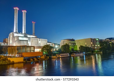 Cogeneration plant at the river Spree in Berlin at night
