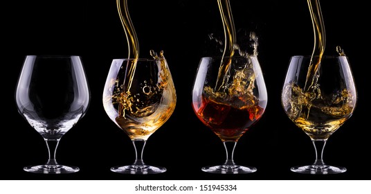 Cognac or brandy full and empty glass  set on a  black background