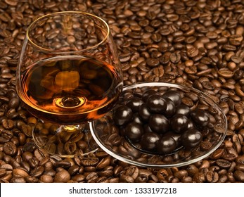 Cognac In Glass And Chocolate Covered Coffee Beans