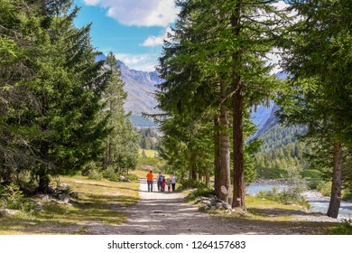 Cogne, Aosta / Italy - 07 20 2018: Mountain Landscape With A Multi Generational Family Walking In A Footpath Among Pine Trees Near A Stream And With Mountain Peaks In Summer, Gran Paradiso, Alps