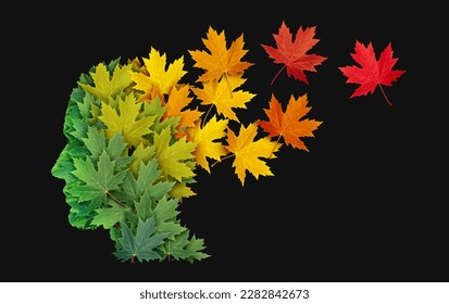 Cognitive Function Decline abnd Mental illness or Alzheimer's disease as a brain health symbol with a human head made of green leaves turning to falling autumn foliage as an aging mind.