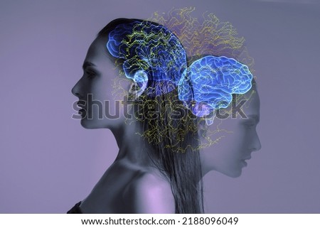 Cognitive functions of the brain in a woman, confused thoughts from stress and problems, depression, mental health, double exposure