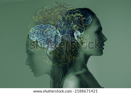 Cognitive functions of the brain in a woman, confused thoughts from stress and problems, depression, mental health, double exposure