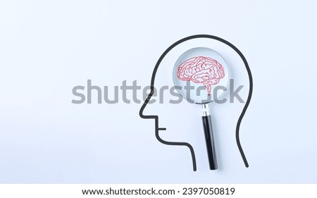 Cognitive problem and brain diseases concept. Magnifying glass focus human brain icon with human drawing. Intelligence memory, Mental health, Education, innovation, psychological analysis, illness,