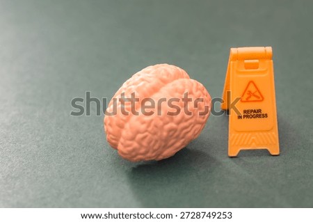 Cognitive therapy concept: brain model with warning sign on green surface
