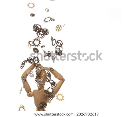 Cogwheels flat gear shape falling to head mannequin. Putting knowledge learning to small brain. Artificial Intelligent AI gear train collect data, Idea development concept. White Background isolated
