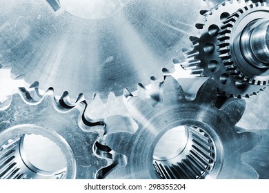 Cogwheels And Gears, Titanium Aerospace Parts And Tools, Blue Toning Concept