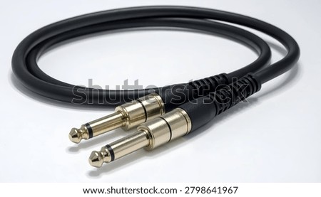 A coiled black audio cable with two shiny gold-plated jack connectors on a white background.
