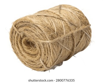A coiled bundle of untreated, raw hemp fiber twine showcasing its natural brown color and rough texture. This organic textile material from ultra-realistic-untreated-raw-hemp-fiber-bundle-is.jpg is isolated on a transparent white background.