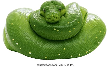 Coiled green tree python with bright scales and yellow spots