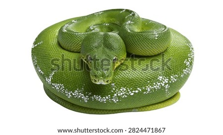 Coiled green tree python with white spots and textured scales