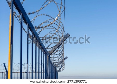 Coiled razor wire mounted on top of a blue metal fence against clear sky, showing perimeter security barrier at an industrial site.