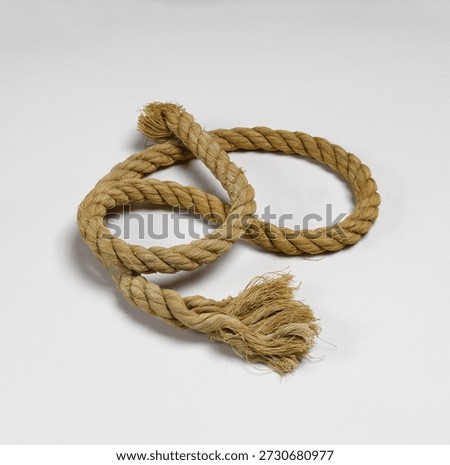 Coiled rope on a plain background. The rope is twisted and frayed at the ends. Natural fiber rope, coiled and textured. Simple, rustic rope design. Antique object. Vintage object.