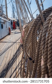 Coiled ropes on the deck of a sailing ship