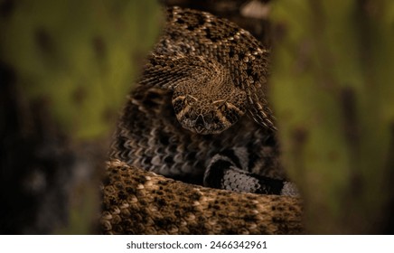 Coiled western diamondback rattlesnake strikes a puffed up and aggressive defensive posture in the Arizona desert. - Powered by Shutterstock