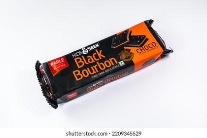 Coimbatore, India - September 28, 2022: A Packet Of Parle Platina Hide And Seek Black Bourbon Choco Creme Sandwich On White Background.