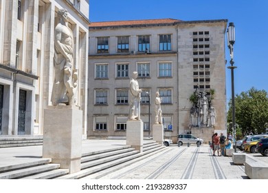 Coimbra, Portugal - July 4, 2022: Sculptures Of Philosophy, History And Poetry (from Left To Right) By  Barata Feyo At The Front Of The Faculty Of Letters, University Of Coimbra