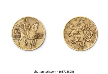 Coin of 20 czech koruna on white. Czech Crown Coins. 20 CZK. - Shutterstock ID 1687188286