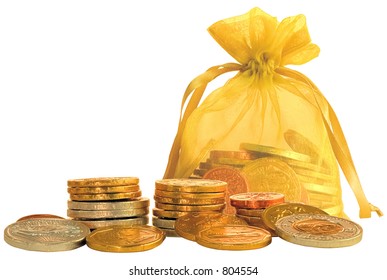 Coin Bag & Stacks Of Gold, Copper & Silver Chocolate Coins ~ Isolated Object