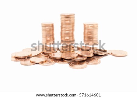 coin, bronze coin stack isolated on white background