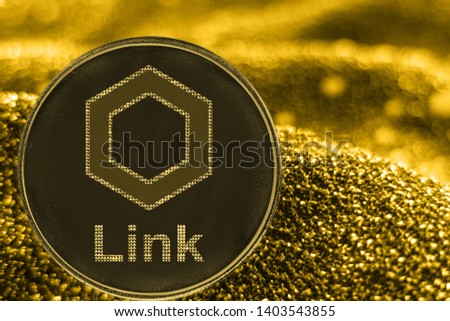 Coin cryptocurrency Link and gold fabric background. Chailink logo.