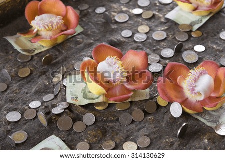 Coin donation in the Buddha's footprint,Sangkhlaburi, Kanchanaburi , Thailand