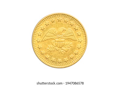 coin meter token with American golden with eagle and stars of America, close up of the tail side with the American eagle. Isolated on white studio background.