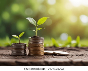 coin pile with growing plant, Money growth and business finance concept Coins with young plant on table with backdrop blurred of nature