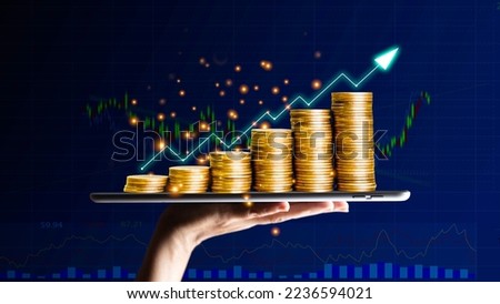 coin is placed as a graph showing the success of the income fund. Business success concept, wealth, investment, stock in the digital age. Digital transformation for next-generation technology.